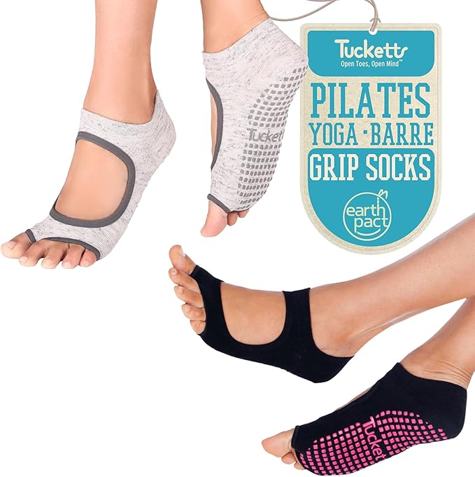 Tucketts Toeless Pilates Socks with Grips for Women, Non-Slip Yoga & Barre Socks for Stability & Barefoot Workouts, Size 6-13