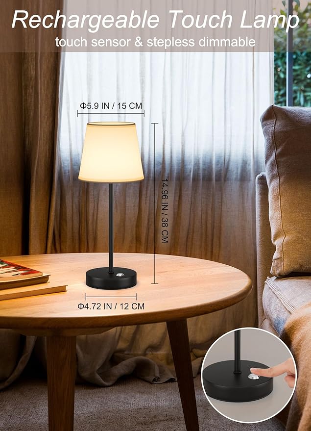 2 Pack Cordless LED Table Lamps, Battery Operated Fabric Shade Desk Lamp, 3 Color Stepless Dimmable Rechargeable Lamp for Dinner/Restaurant/Bedroom/Bars/Camping(Black)