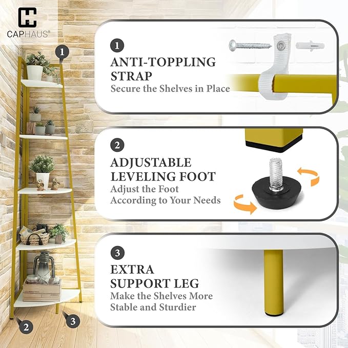 CAPHAUS Tall Corner Shelf Stand, 4-Tier Display Shelves, Ladder Corner Wood Storage Plant Bookshelf with Metal Frame, Versatile Shelving Unit Bookcase for Home Office Space, Gold