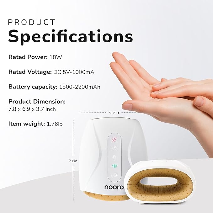 nooro Hand Massager - Advanced Heat Therapy to Support Hand Discomfort- Cordless, USB Rechargeable, Helps with Stiffness and Swelling, Easy to Use at Home