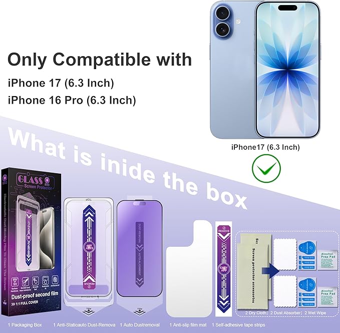 Anti Blue Light Matte Screen Protector for iPhone 17, iPhone 16 Pro 6.3-Inch, Auto Dust Removal, 9H Tempered Glass, Full Cover, Anti-Fingerprint, Easy Installation, 2 Pack