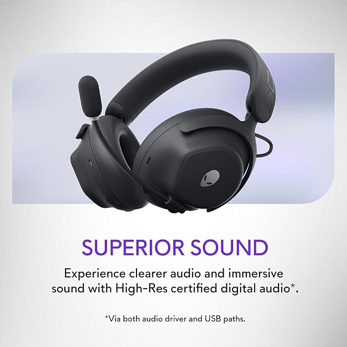 Alienware Pro Wireless Gaming Headset - Wired/Wireless, Bluetooth 5.3, 15 Minute Fast Charging, Audio Output 20 Hz, Battery Talk Time (ANC on) Up to 24 Hrs (Bluetooth), Dark Side of The Moon