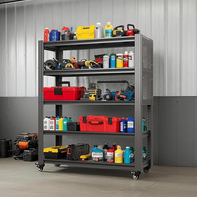 78" H 5-Shelf Metal Storage Shelves, 2000 lbs Garage Shelving Unit with Pegboard, Adjustable Industrial Heavy Duty Storage Rack with Wheels, 47.2" W x 18" D for Pantry Basement, Black