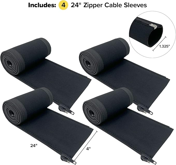 Zipper Cable Sleeve by Wrap-It Storage - 24" x 4" (4-Pack) Black - Cord Organizer and Cable Protector for Desk, Computer, TV Cord Management to Hide and Cover Wire and Extension Cables