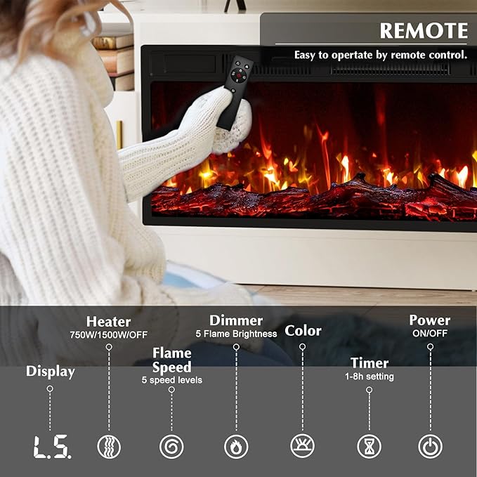 Lemberi Fireplace tv Stand with 36 inch Fireplace Up to 80" TVs,LED Light Entertainment Center and Storage, 70" Modern Wood Media TV Console with Highlight Cabinet for Living Room (White)