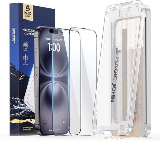 MAGIC JOHN 3rd Gen Upgraded for iPhone 15Plus/16Plus Screen Protector 6.7 Inch, HD Clear, Shatterproof Tempered Film, Auto Dust-Elimination, Bubble Free, Easy Installation, 2 Pack