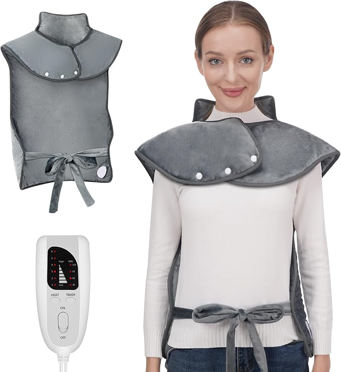 Fast Heating Electric Heating Pad for Neck and Shoulder and Back with 6 Heating Settings & 4 Timer, Large Size Heated Wrap with Auto Shut Off & Machine Washable (Dark Gray, 37x24inch)