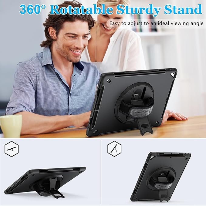 Case for iPad Pro 12.9 2nd Generation 2017 & 2015 1st Generation, Heavy Duty Rugged TPU Protective Cover with Screen Protector- Stand + Handle Hand & Shoulder Strap + Pencil Holder- Black