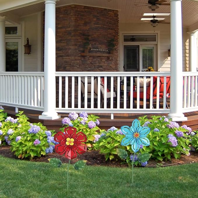 hogardeck Metal Flower Decorative Garden Stakes, 2 Pack 22" Outdoor Garden Decor with Shaking Flower Head Yard Stakes, Yard Art Spring Decorations for Patio Lawn (Blue & Red)