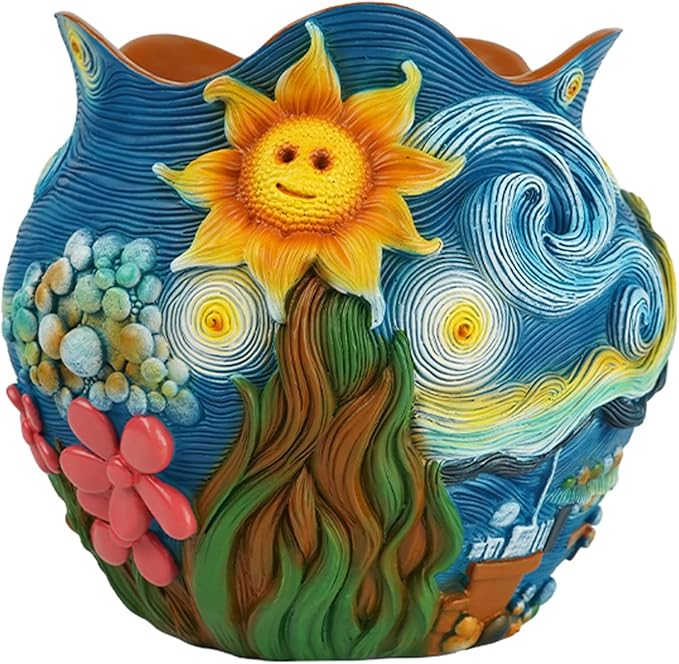 Starry Night Theme Flower Pots Colorful Art Planter Pots for Indoor Plant Cute Unique Resin Flower Pot with Drainage Hole for Home Decor