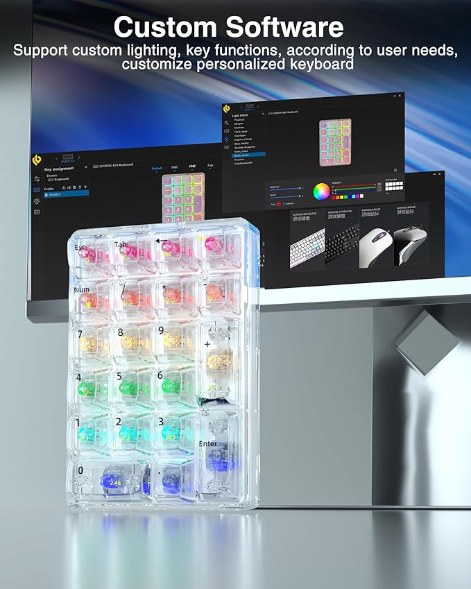 SOLAKAKA K21 RGB Backlit Tri-Mode Transparent Wireless Mechanical Number Pad Supports 3 BT/2.4GHz/Type C Wired,Hot Swappable 21 Keys Mechanical Numpad with Transparent Keycaps White