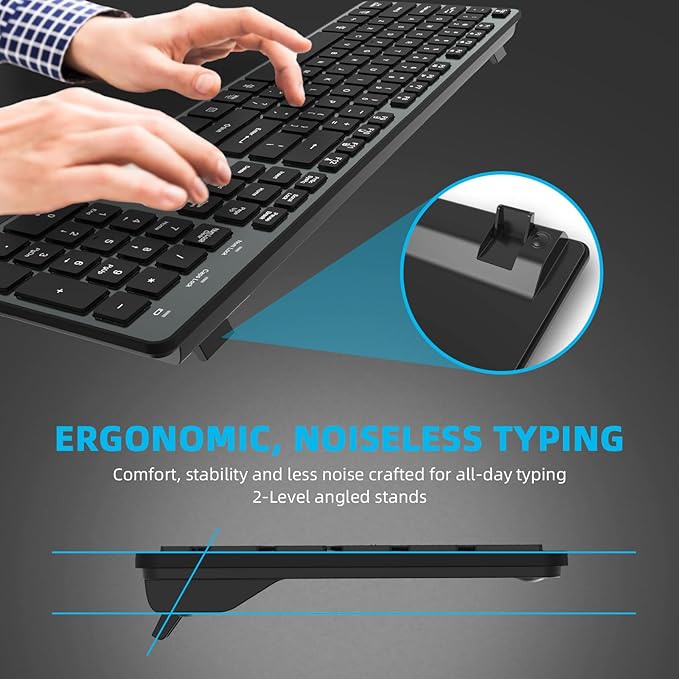 Slim Quiet Wireless Keyboard for Mac and Windows,Durable Flat Keyboard with Full Size Ultra Quiet Low-Profile Flat Keys, 2.4GHz Wireless for Mac,Windows 11/10/8/7/Vista,Microsoft & PC（Grey