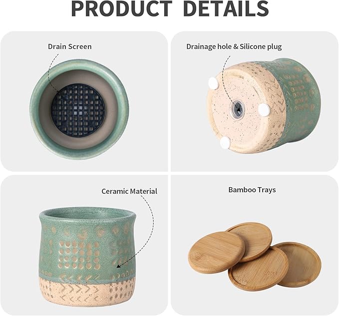 TAMAYKIM 2.75 Inch Mini Ceramic Succulent Plant Pots, Retro Tiny Planter Pots with Saucer & Drainage Hole, for Cactus, Small Plants, Set of 6, Green