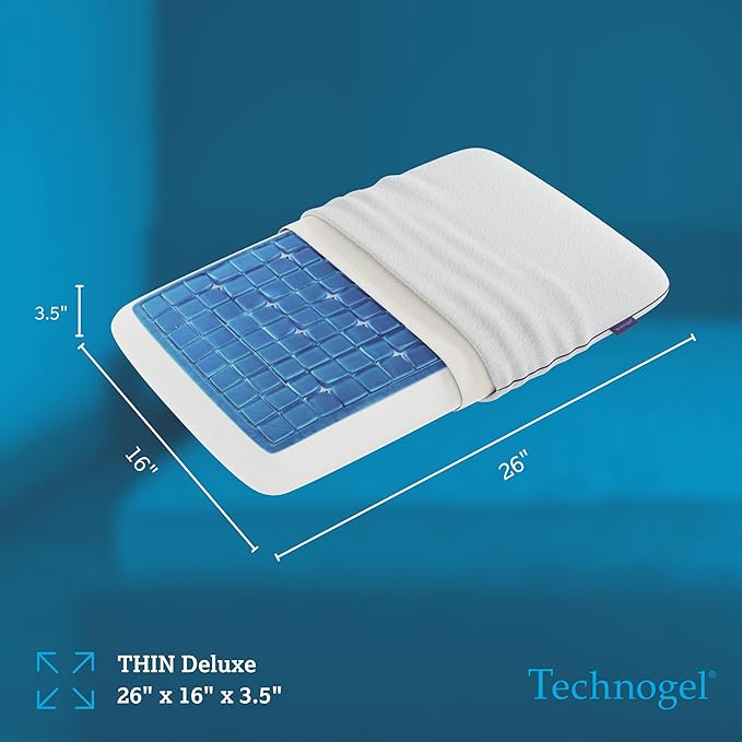 Technogel Deluxe Cooling Gel Pillow - Patented Cooling Technology, Odorless Memory Foam – Breatable Ergonomic Support for Stomach Sleepers with Washable Cover, 3.5" (Thin)
