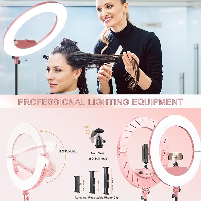 Ring Light 18 INCH Kit,55W6700k Dimmable LED Light, Tripod Stand, Remote Controller,Box for Camera,Smartphone,YouTube,TikTok,Self-Portrait Shooting,CRI95 (Pink)