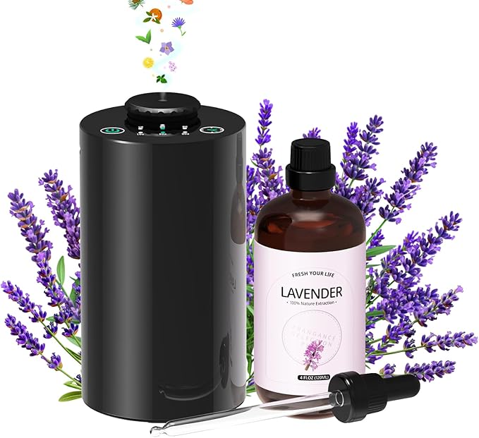 Waterless Diffuser for Essential Oil, Battery Operated Portable Nebulizer, Aromatherapy Scent Diffusers for Home Large Room, Car, Office, Desk, Included 120ml Oil, 3 Timer Modes & 3 Mist Levels, Black