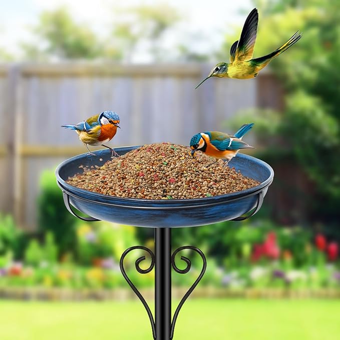 Metal Bird Bath for Outside, Vintage Freestanding Birdbaths with Metal Stake, Upgraded 5 Pronged Base Birdfeeder Feeder Bowl for Outdoors Garden Patio Yard Lawn Decor (Vintage Blue)
