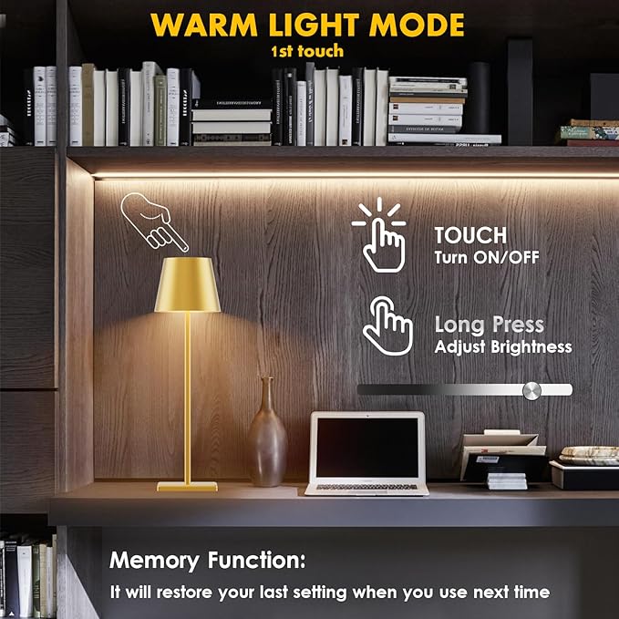 2-Pack LED Cordless Table Lamp with RGB & Stepless Dimming, 3W 5500mAh Rechargeable Desk Lamps Battery Operated Table Light Stepless Dimmable Portable Table Lamp for Table/Bedroom/Outdoor (Gold)