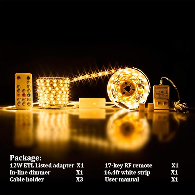 WOBANE Warm White LED Strip, Dimmable LED Light Strips with RF Remote and ETL Listed Adapter, 16.4ft Flexible Tape Lights for Kitchen,Under Cabinet,Bedroom, 3000K,300 LEDs Rope Light