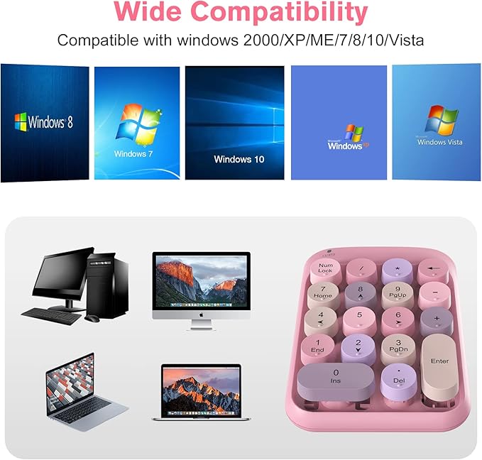 PINKCAT Wireless Number Pad, Cute 18 Keys Numeric Keypad with 2.4G Mini USB Receiver, Portable Silent Number Numpad Financial Accounting for Laptop, PC, Notebook, Desktop, Surface - Pink Mix