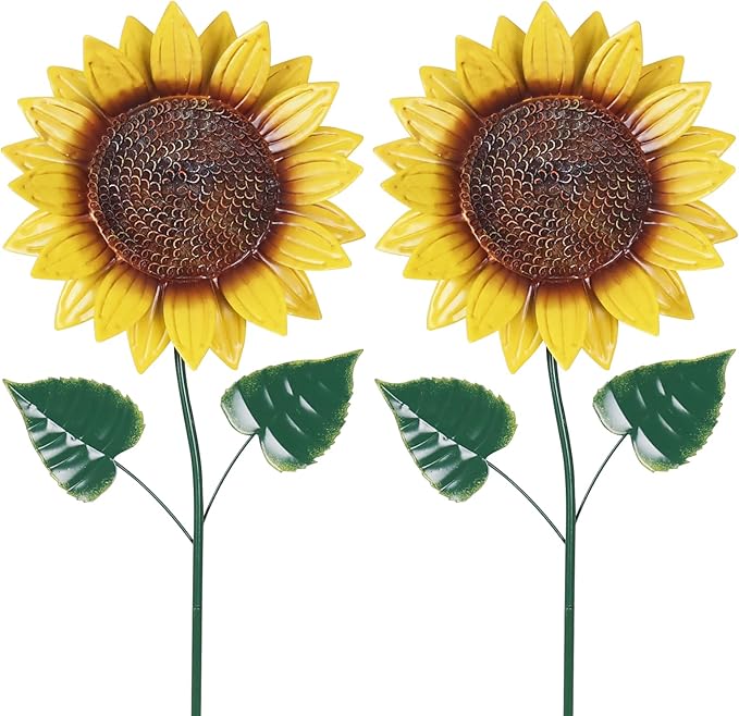 hogardeck Garden Decor for Outside, 2 Pack Sunflower Decorative Garden Stakes for Spring Outdoor Yard Decor, Metal Yard Art with Shaking Head for Garden Lawn Porch Decorations