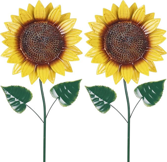 hogardeck Garden Decor for Outside, 2 Pack Sunflower Decorative Garden Stakes for Spring Outdoor Yard Decor, Metal Yard Art with Shaking Head for Garden Lawn Porch Decorations