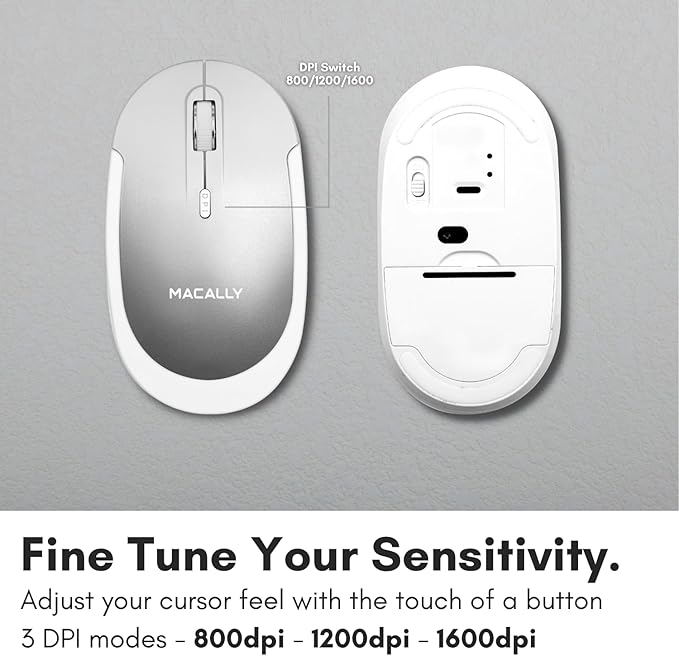 Macally Wireless Bluetooth Mouse for Mac, MacBook Pro/Air, iPad, and PC - Comfortable and Quiet Compatible Wireless Apple Mouse - Silver