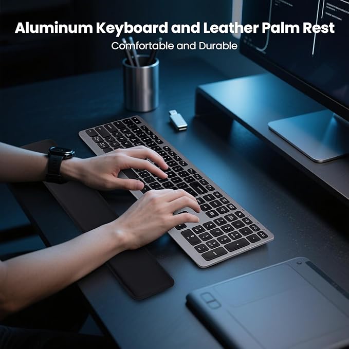 Wireless Keyboard, Bluetooth Keyboard with Leather Palm Rest, Backlighting, Multi-Device Pairing, USB C Rechargeable, for Windows, Mac, iOS, Android, Chrome, Office, Students, Long Hours Typing