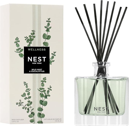 NEST New York Reed Diffuser, Wild Mint & Eucalyptus - 5.9 fl oz - Fragrance for Up to 90 Days - Reusable, Refillable Glass Holder - Includes 8 All-Natural Reed Sticks - Flame Free