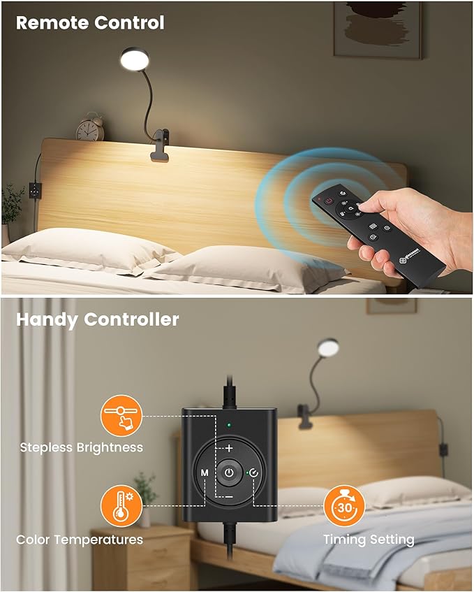 Glocusent Brighter Clip on Lamp with Remote, Eye-Caring Clip on Light for Bed Headboard, 3 Color & 5 Brightness Bed Lamp, 30-Min Auto-Off Timer, Reading Light with Adapter