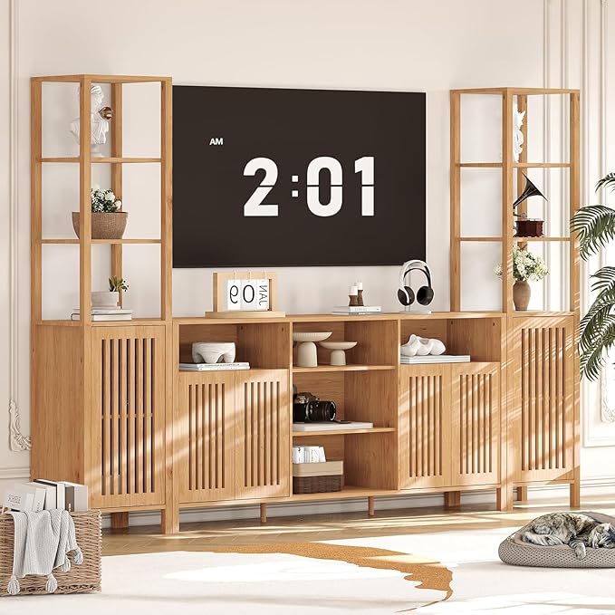 Combination TV Cabinet, for TVs Up to 70", Large TV Stand with Bookshelves, Storage TV Cabinet, Multi-Functional Home Entertainment Center with Adjustable Shelves