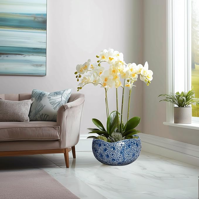 Bonsai Tree Pot - 13 Inch Large Ceramic Pots for Plants Indoor Outdoor, Round Planter, Decorative Flower Pot with Drainage Hole, Modern Unique Planter, Garden Decor Home, Garden Gifts, Blue