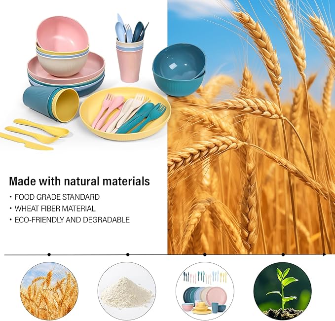 36pcs Wheat Straw Dinnerware Sets, Unbreakable Reusable Kitchen Cups Plates and Bowls Sets, Dishwasher and Microwave Safe Kitchenware Dishes Set for Home, Office, Travel,Picnic (Colorful 1)