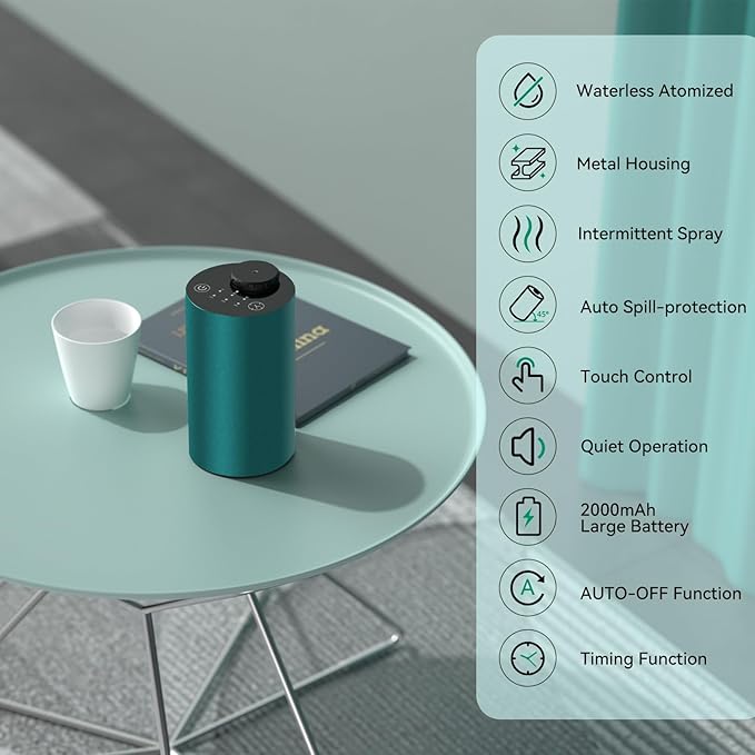 Waterless Essential Oil Diffuser Aromatherapy Scent Diffusers for Home Large Room, Bedroom, Car, Office, Desk, Battery Operated Mini Portable Air Freshener, 3 Countdown Timers & 3 Mist Levels, Green