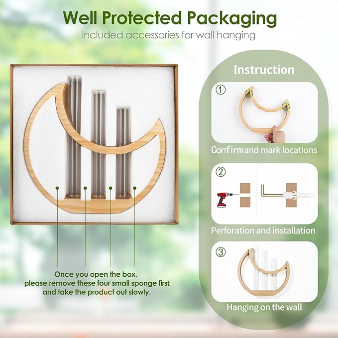 Plant Propagation stations, Crescent Moon Table Terrarium Stand for Indoor houseplants, Wooden Wall Boho Hanging Planter Vase with Glass Test Tube for Office Decor Aesthetic, Gift for Women Mom