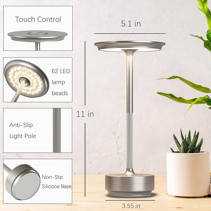 Rechargeable 2 Pack Cordless Table Lamps, 5000mAh Portable LED Table Light, 3 Color Stepless Dimming Battery Powered Metal Table Lamp for Outdoor Patio/Bedroom/Camping.(Silver)