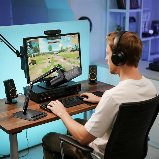 Studio Microphone Stand,Adjustable Mic Arm Clip Desktop Mount,1/4" and 5/8" Screw Adapters,Compatible with Fifine/Shure/Pyle / AT2020 / Razor/Rode/Blue Yeti & Snowball/Webcam Camera