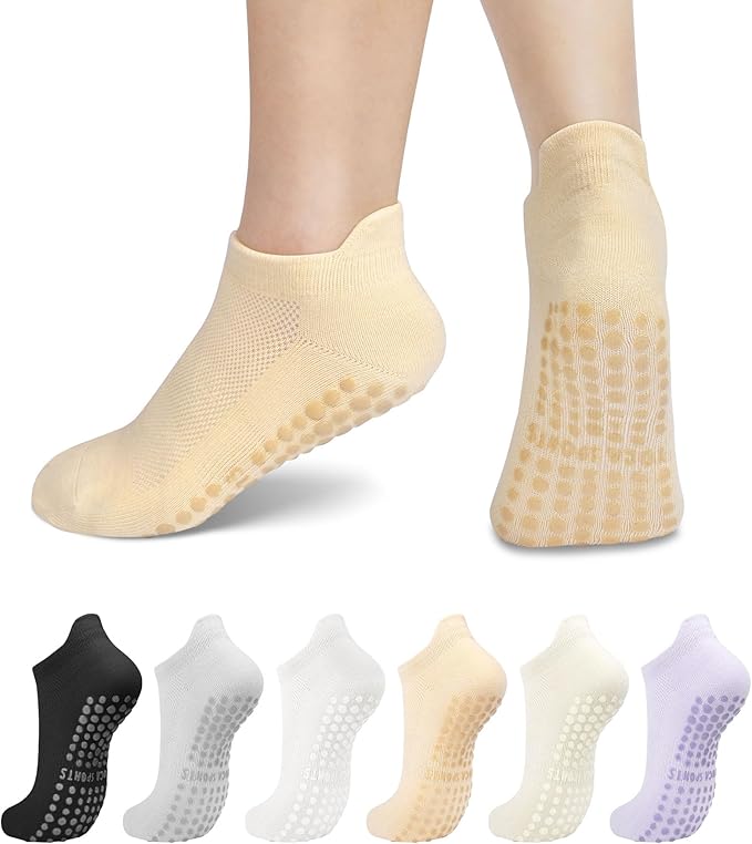 6 Pairs Pilates Socks for Women, Non Slip Yoga Socks with Grips for Barre Ballet Athletic Workout Barefoot Hospital