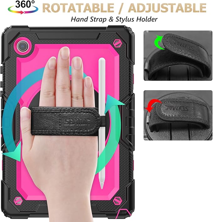 SEYMAC stock Case for Samsung Galaxy Tab A9+ Plus 11'', Full-Body Drop Protection Case with Screen Protector Pencil Holder [360° Rotating Hand Strap] &Stand, Pink+Black