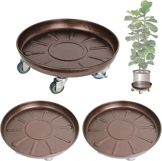 Heavy Duty Plant Caddy with Solid Rubber Wheels, Lockable, Increased Load Capacity, One-Minute Installation, Suitable for Indoor, Outdoor, Patio, Garden Settings, 12 Inches 3PACK, Brown