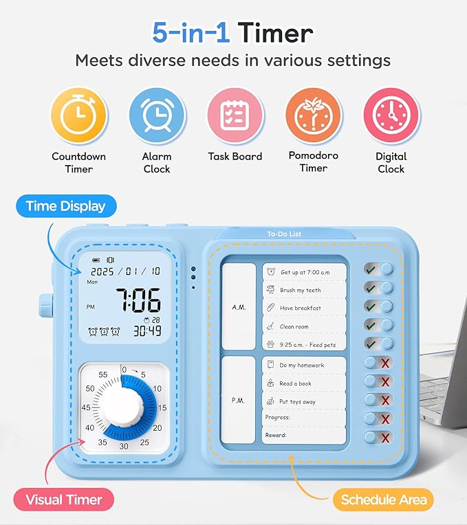 3-in-1 Visual Timer & ADHD Tool for Kids Adults, ADHD Task Timer with Chore Chat Board Schedule, Homeschool (Blue)