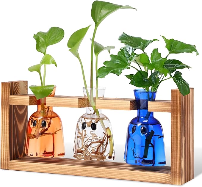 Halloween Plant Propagation Stations Plant Terrarium with Wooden Stand Hydroponics Glass Vase Planter for Halloween Home Office Garden Table Decoration(Ghost)