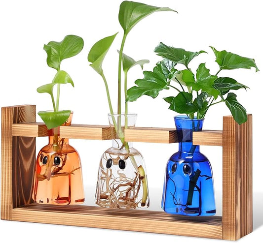 Halloween Plant Propagation Stations Plant Terrarium with Wooden Stand Hydroponics Glass Vase Planter for Halloween Home Office Garden Table Decoration(Ghost)