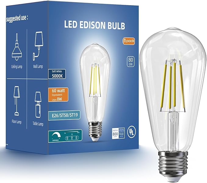 Jensense Edison LED Light Bulbs 8Watt Dimmable Light Bulbs 5000K Daylight White, E26 LED Bulb 60watt Equivalent,Vintage Bulbs 800lm CRI 90 Clear Glass 1 Packs