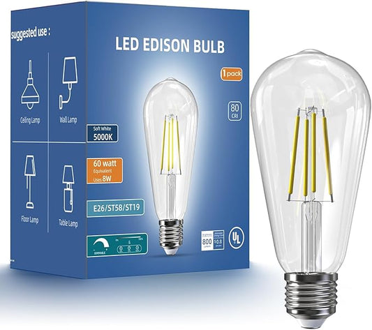 Jensense Edison LED Light Bulbs 8Watt Dimmable Light Bulbs 5000K Daylight White, E26 LED Bulb 60watt Equivalent,Vintage Bulbs 800lm CRI 90 Clear Glass 1 Packs