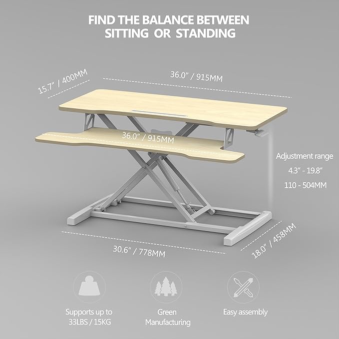 FITUEYES Height Adjustable Standing Desk 36” Wide Sit to Stand Converter Stand Up Desk Tabletop Workstation for Laptops Dual Monitor Riser Oak SD309104WO