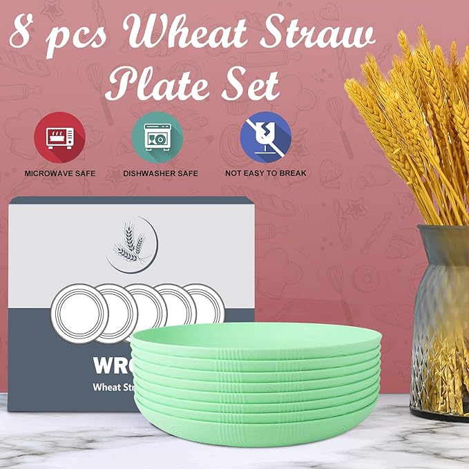 Wheat Straw Plates - 9 Inch Unbreakable Dinner Plates Set of 8 - Dishwasher & Microwave Safe Plastic Plates Reusable for Kitchen and Camping (Light Green)
