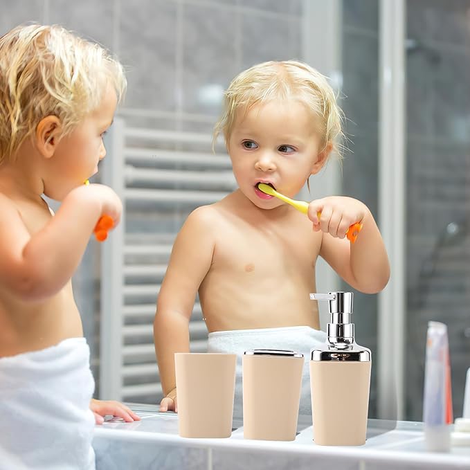 Beige Bathroom Set, Plastic 9-Piece Bathroom Set with Trash Can, Soap Dispenser, Toothbrush Holder, Toothbrush Cup, Soap Dish, Toilet Brush, Tray and Q-tip Holders for Bathroom/Housewarming