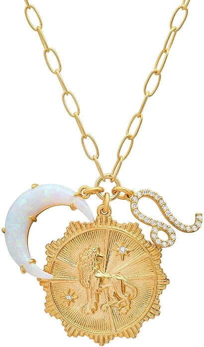 Gold Zodiac Sign Embossed Coin Opal Crescent Moon Charm Necklace for Women Trendy 18K Gold Plated Retro Paperclip Chain 12 Constellation Horoscope Necklaces Astrology Jewelry Gifts