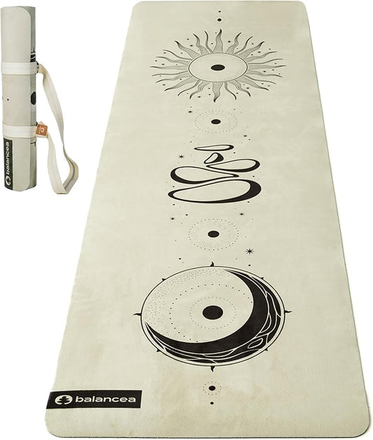 Yoga Mat With Strap 5mm Non Slip Suede & TPE - Beige Eco-Friendly Fitness & Exercise Mat for Home Gym, Pilates, Hot Yoga, and Meditation - Lightweight Durable 72 x 24 inch Workout Mat for Women, Men